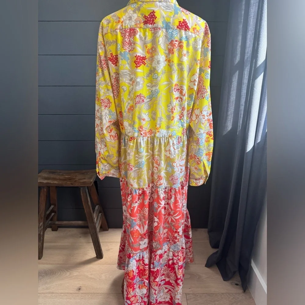 French Connection Yellow and Red Tiered Flowy Boho Floral Long Sleeve Maxi Dress - Picture 5 of 11